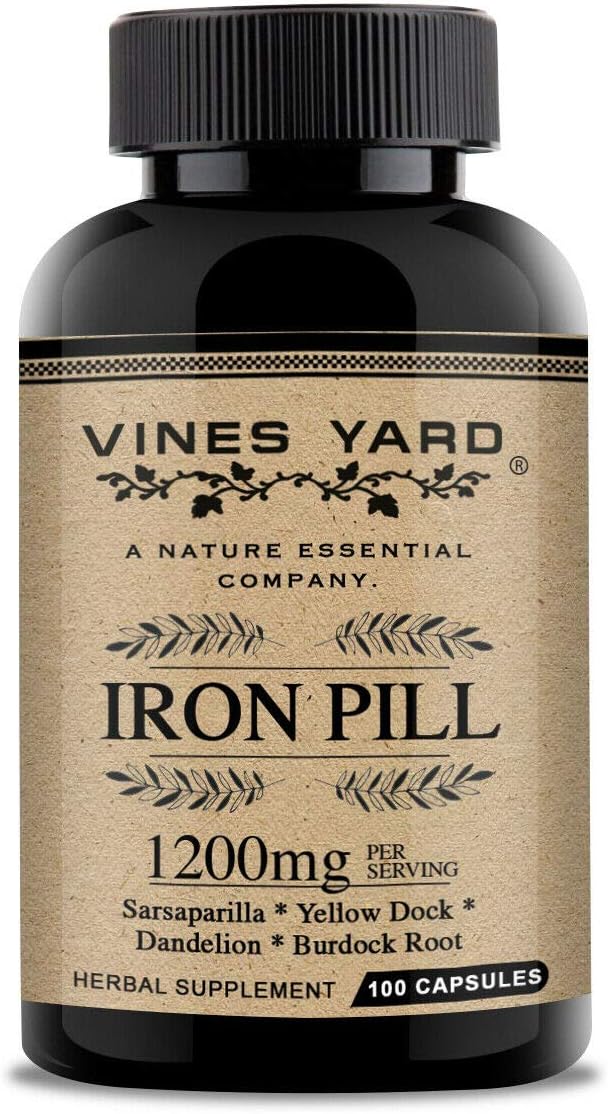 Organic Iron Pills with Sarsaparilla & Dandelion Root - 100 Pack - Vines Yard Herbal Iron Supplements