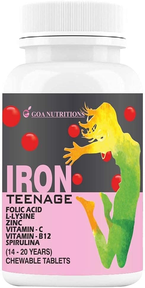 Organic Iron Tablet with Folic Acid, Vitamin C, B12, Spirulina & Zinc - Haemoglobin Booster for Women & Teenage Girls - 60 Chewable Tablets