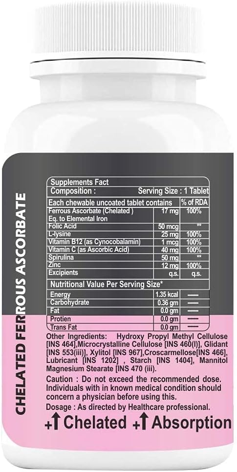 Organic Iron Tablet with Folic Acid, Vitamin C, B12, Spirulina & Zinc - Haemoglobin Booster for Women & Teenage Girls - 60 Chewable Tablets
