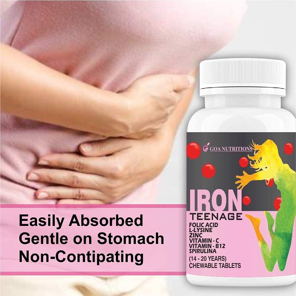 Organic Iron Tablet with Folic Acid, Vitamin C, B12, Spirulina & Zinc - Haemoglobin Booster for Women & Teenage Girls - 60 Chewable Tablets