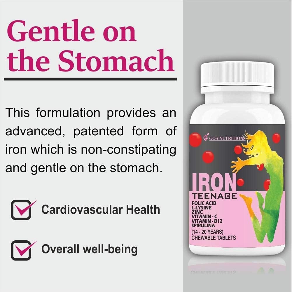 Organic Iron Tablet with Folic Acid, Vitamin C, B12, Spirulina & Zinc - Haemoglobin Booster for Women & Teenage Girls - 60 Chewable Tablets
