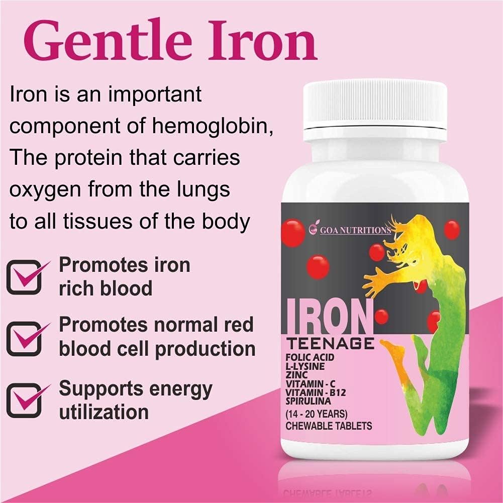 Organic Iron Tablet with Folic Acid, Vitamin C, B12, Spirulina & Zinc - Haemoglobin Booster for Women & Teenage Girls - 60 Chewable Tablets