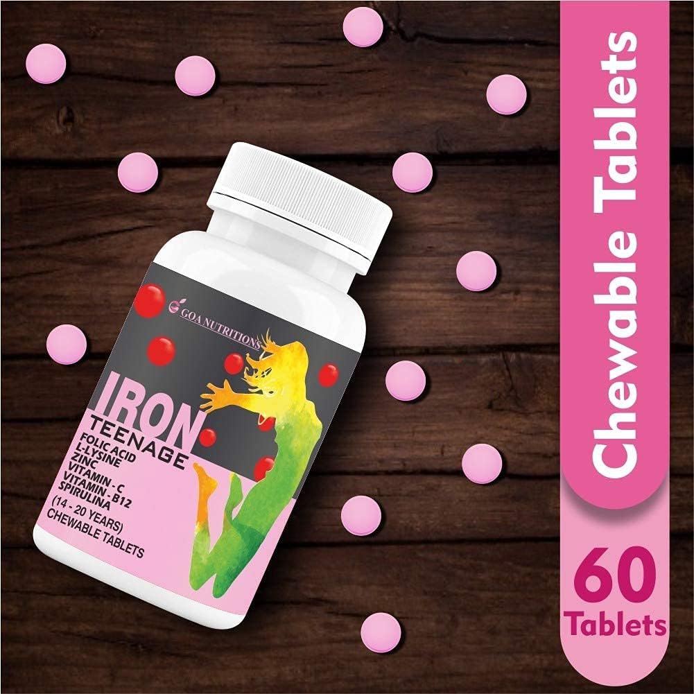 Organic Iron Tablet with Folic Acid, Vitamin C, B12, Spirulina & Zinc - Haemoglobin Booster for Women & Teenage Girls - 60 Chewable Tablets