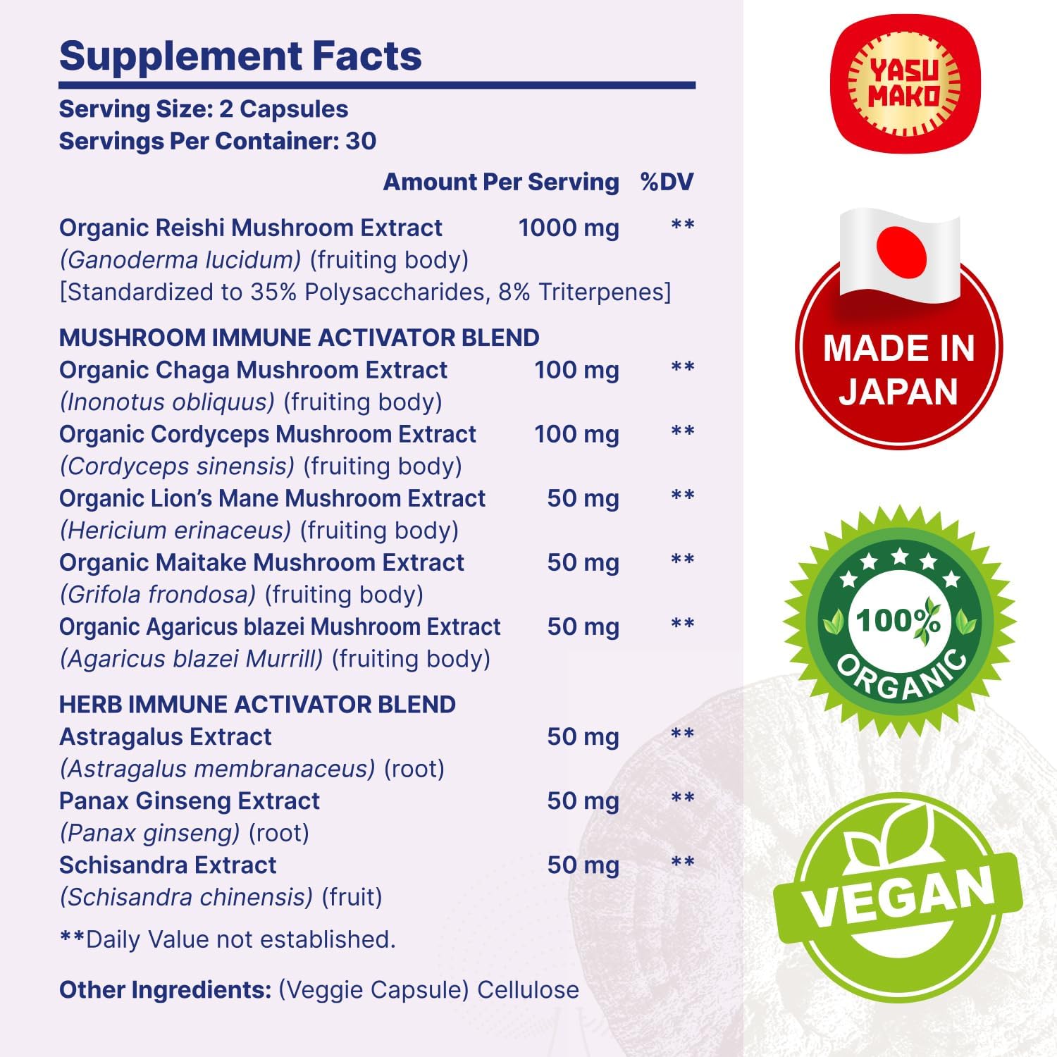Organic Japanese Reishi Mushroom Complex Supplement 1500mg - Immune, Brain, Energy Support with Chaga, Cordyceps, Lion's Mane, Maitake, Agaricus Mushrooms Extract - Pack of 2