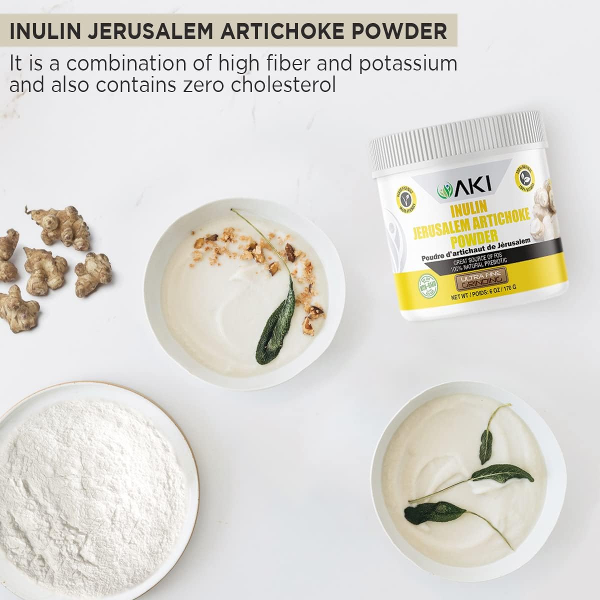 Organic Jerusalem Artichoke Inulin Powder (6oz/170g) - Rich in Fiber & Prebiotic, Perfect for Coffee, Smoothies, Juice - Vegan, Gluten-Free - 1 Pack