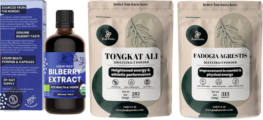 Organic Jungle Powders Bilberry Extract Liquid Supplement for Eyes, Tongkat Ali Powder & Fadogia Agrestis Extract for Men