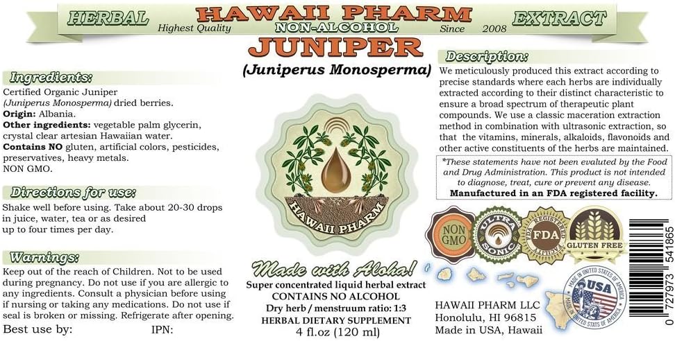 Organic Juniper Alcohol-Free Liquid Extract, 2x2 oz - Natural Herbal Supplement by Hawaii Pharm