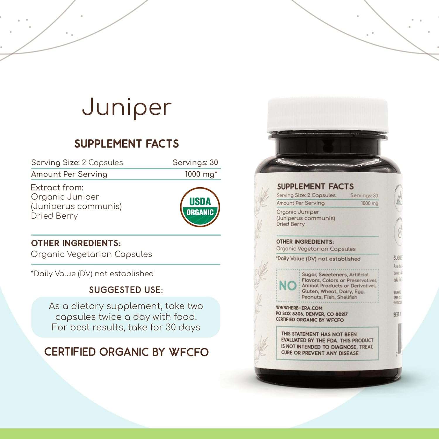 Organic Juniper Berry Capsules - 500mg, 60ct - HerbEra Supplement with USDA Certified Juniper Berry