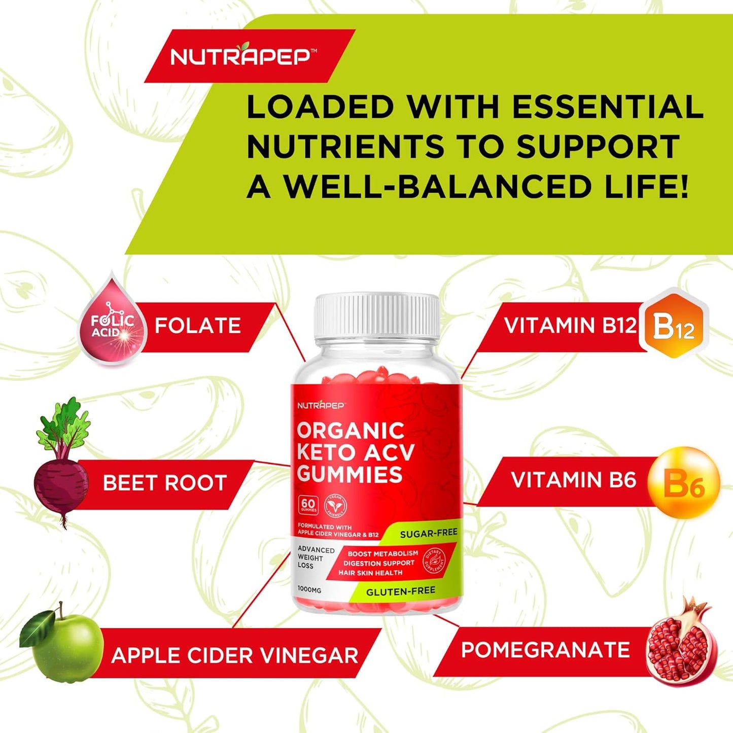 Organic Keto ACV Gummies - NutraPep Gluten-Free & Sugar-Free Apple Cider Vinegar Supplement for Men & Women (1000MG)
