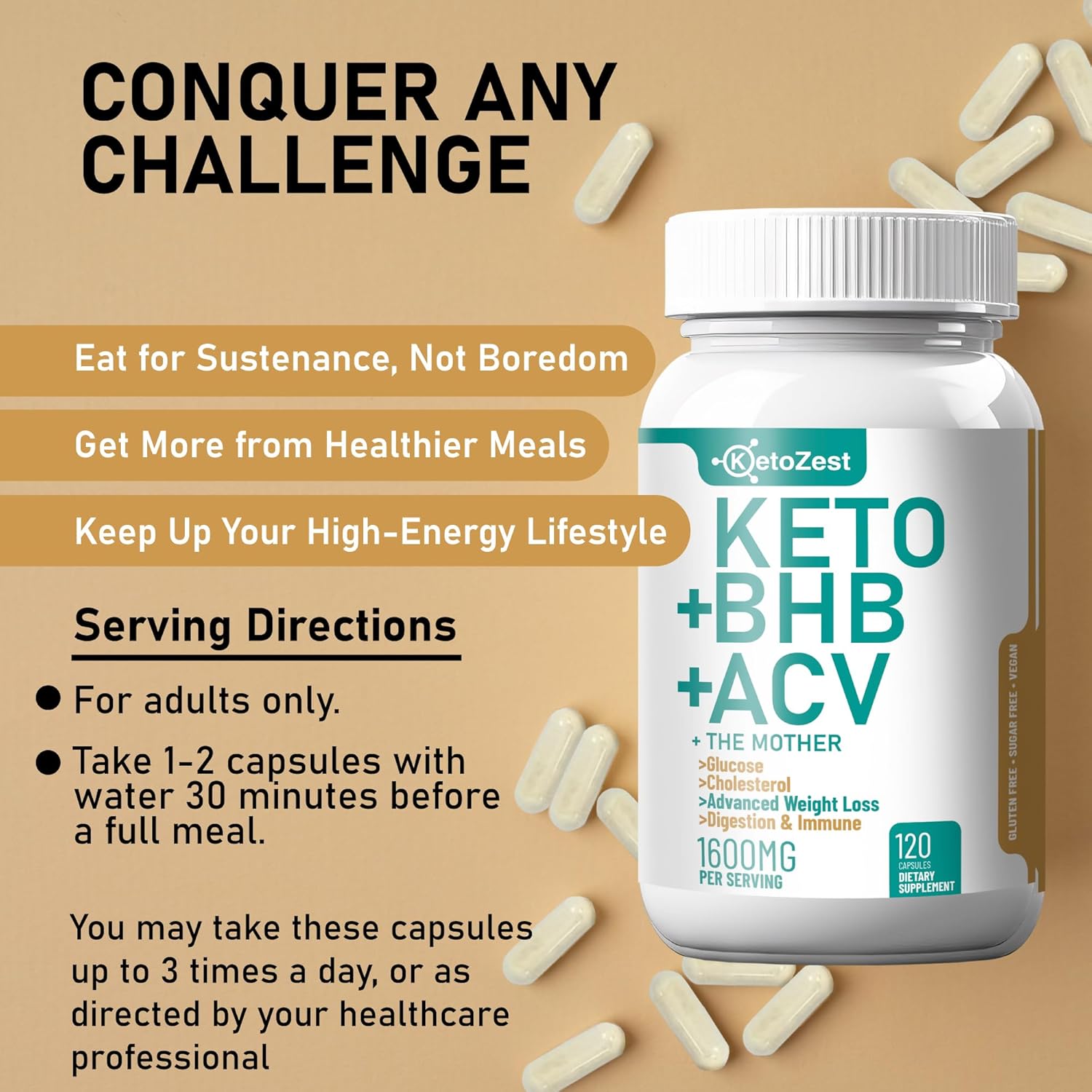 Organic KetoZest Apple Cider Vinegar BHB Capsules for Weight Loss & Fat Burn - Vegan Supplement with Vitamin D3 Zinc Chromium for Men and Women