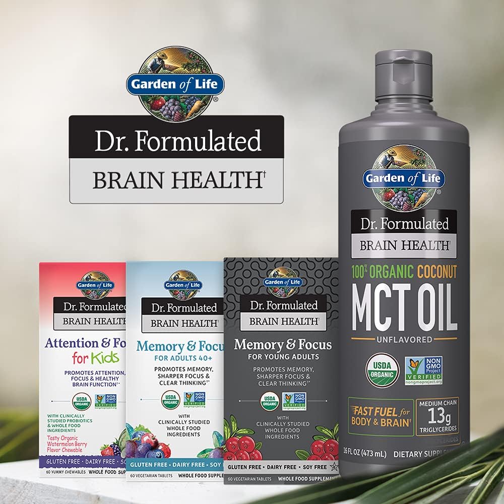 Organic Kids Brain Health Supplement with Wild Blueberry, Pine Bark, Vitamin C, D, Probiotics - Garden of Life Dr. Formulated, 60 Count