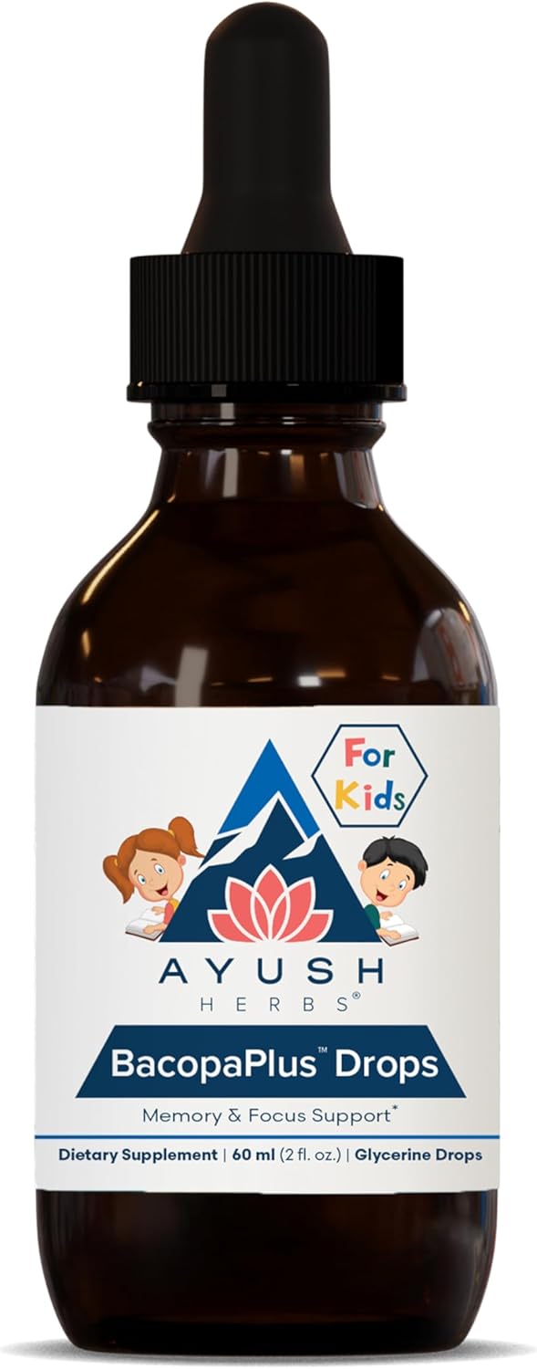 Organic Kids Focus & Attention Supplement with Bacopa, Ashwagandha, Ginkgo - Ayush Herbs BacopaPlus Drops - Brain & Memory Support - 2 Fl Oz
