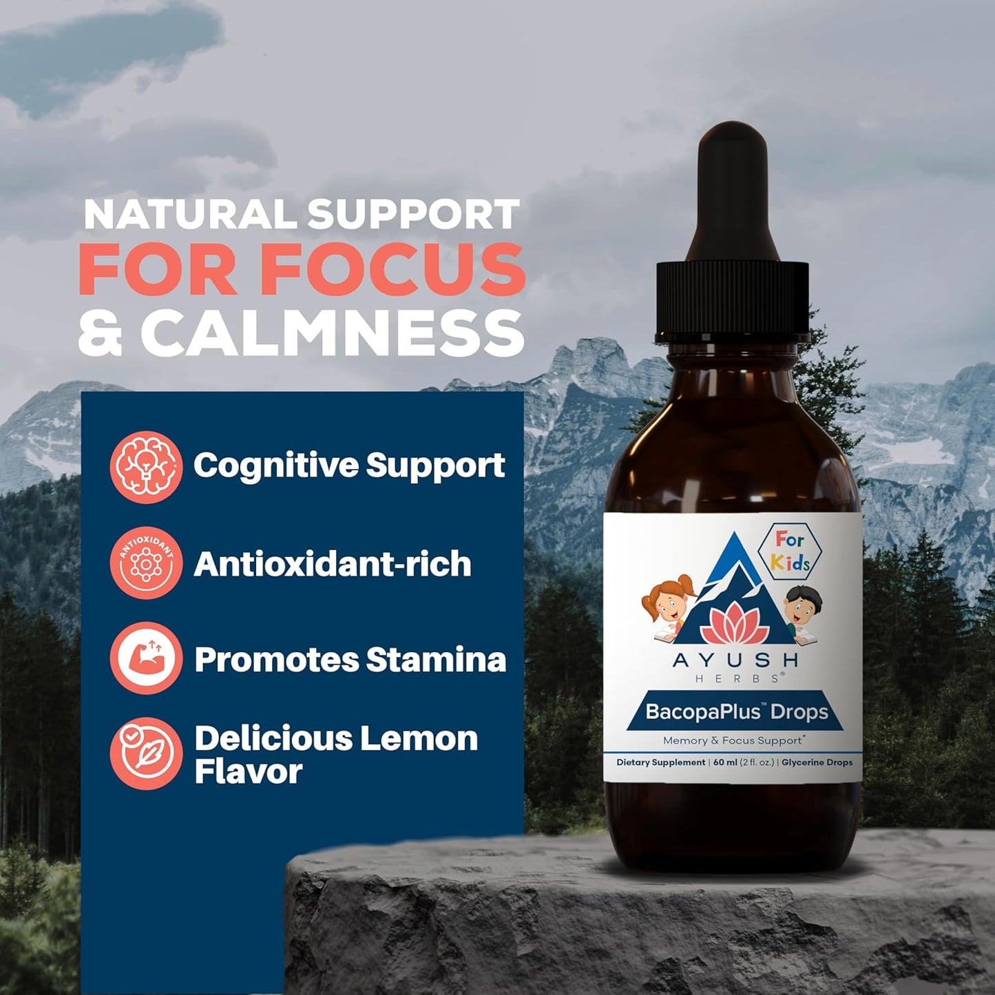 Organic Kids Focus & Attention Supplement with Bacopa, Ashwagandha, Ginkgo - Ayush Herbs BacopaPlus Drops - Brain & Memory Support - 2 Fl Oz