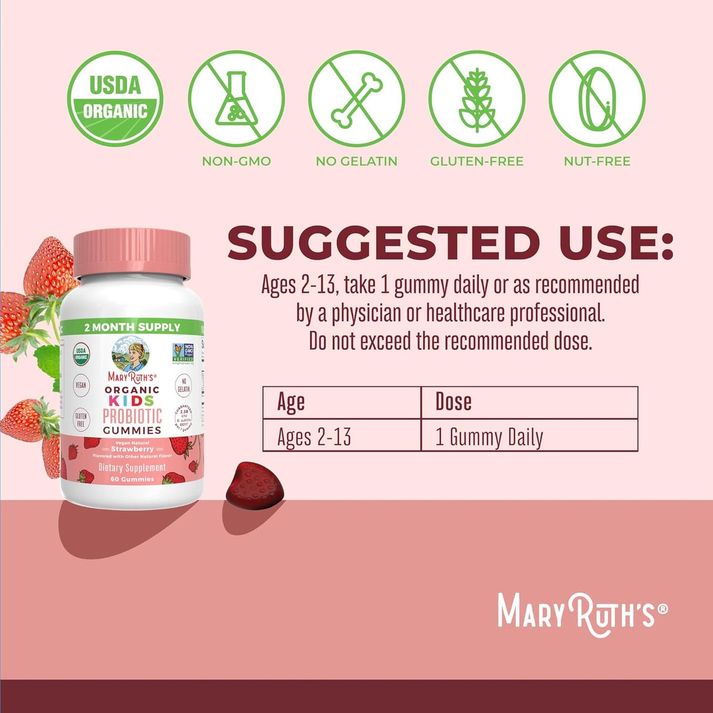 Organic Kids Probiotic Gummies for Digestive Health - USDA Certified, Vegan, Non-GMO, Gluten Free - Immune Support and Gut Health Supplement - 60 Count