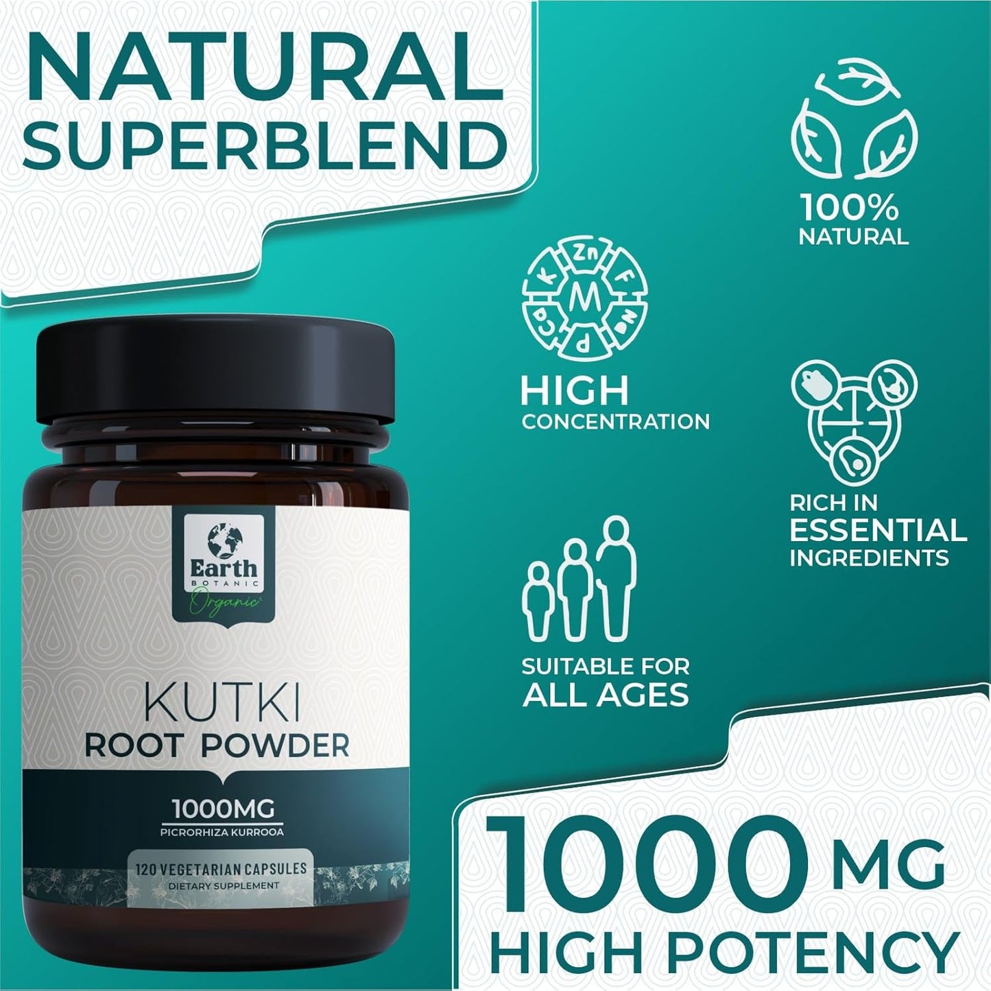 Organic Kutki Root Powder Capsules - 120 Capsules, 60 Day Supply - Earth BOTANIC