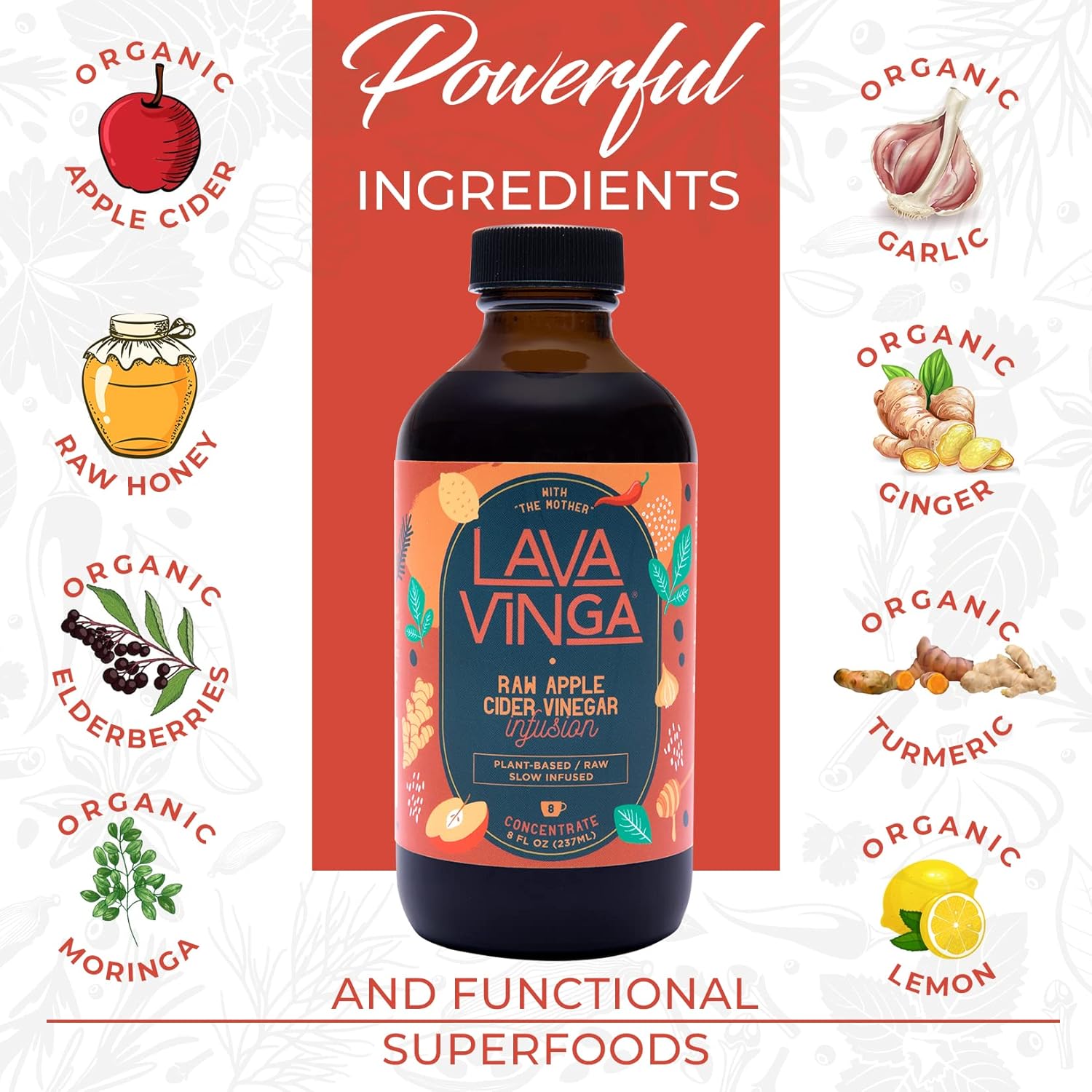 Organic Lava Vinga Fire Cider with Moringa Oleifera - 8 oz. Natural Cold & Flu Remedy, Immune Booster, Antioxidant-Rich Superfood