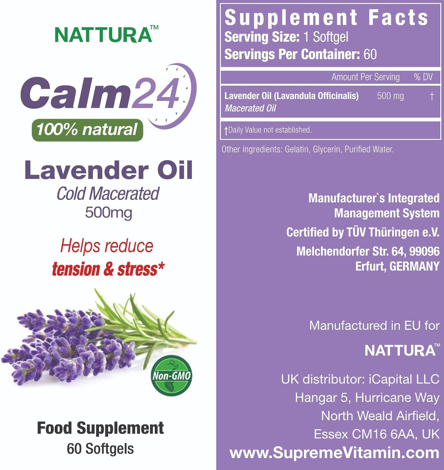 Organic Lavender Oil Capsules - 500mg - 60 Softgels - Natural Stress Relief, Calming for Body & Mind, Non-GMO, Kosher Certified