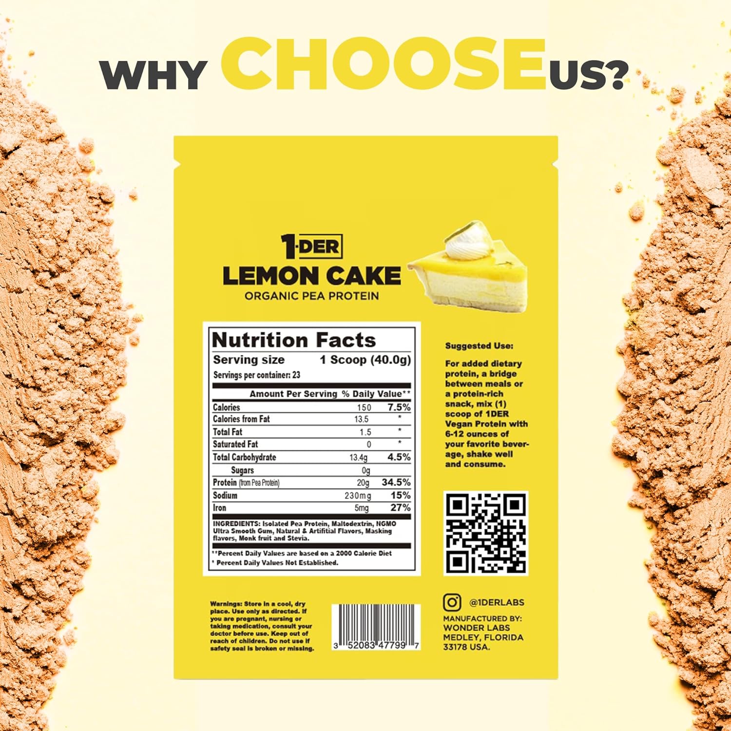 Organic Lemon Cake Pea Protein Powder Isolate - Plant Based, Vegan & Vegetarian. Easy Digestion, Muscle Recovery. Non-GMO, No Lactose, Soy, Gluten - 23 Servings.