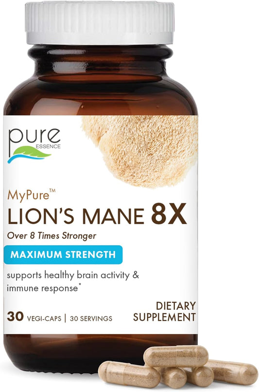 Organic Lion's Mane 8X Capsules for Cognitive Performance & Mental Clarity - Pure Essence Labs MyPure Lion's Mane, 30 Count