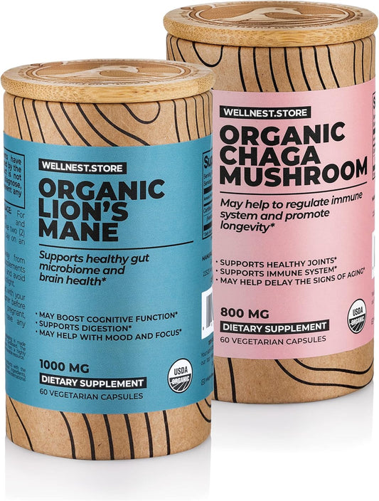 Organic Lion’s Mane and Chaga Mushroom Capsules Bundle - 60ct Each | Wellnest.Store