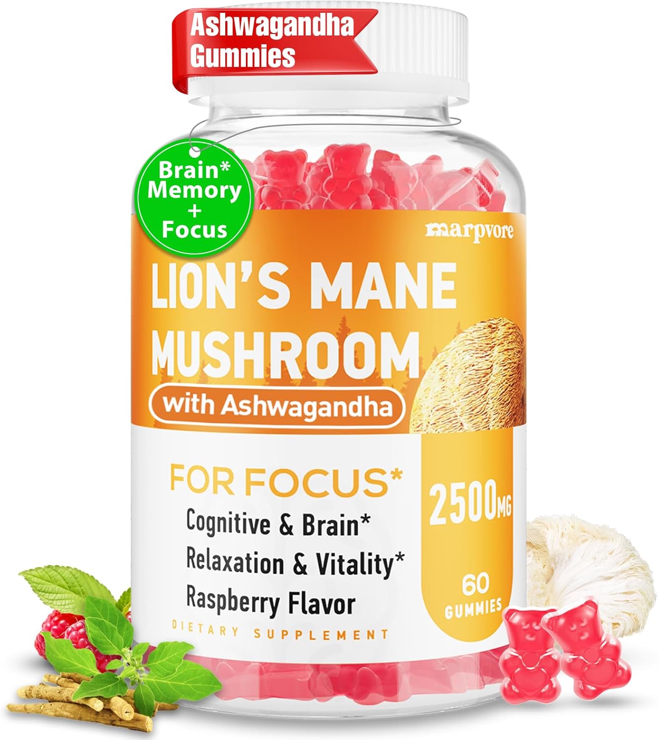 Organic Lions Mane & Ashwagandha Gummies for Memory, Focus & Immune Support - 60 Mushroom Gummies