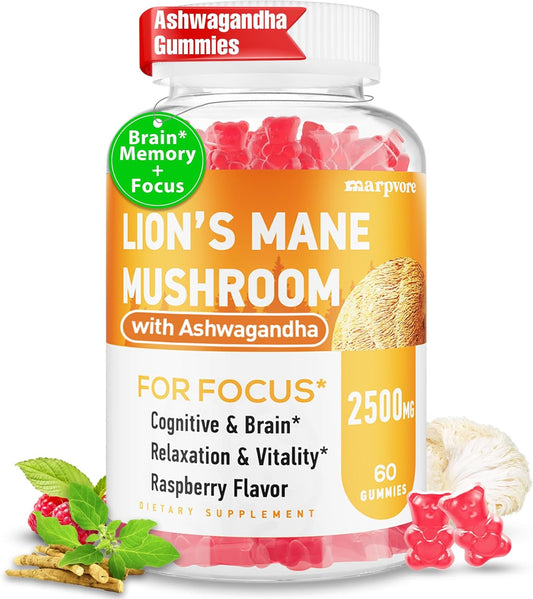 Organic Lions Mane & Ashwagandha Gummies for Memory, Focus & Immune Support - 60 Mushroom Gummies
