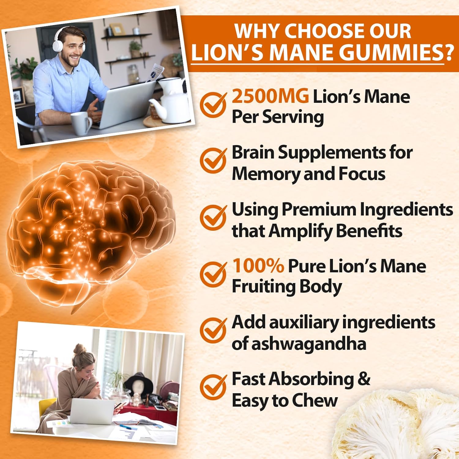 Organic Lions Mane & Ashwagandha Gummies for Memory, Focus & Immune Support - 60 Mushroom Gummies