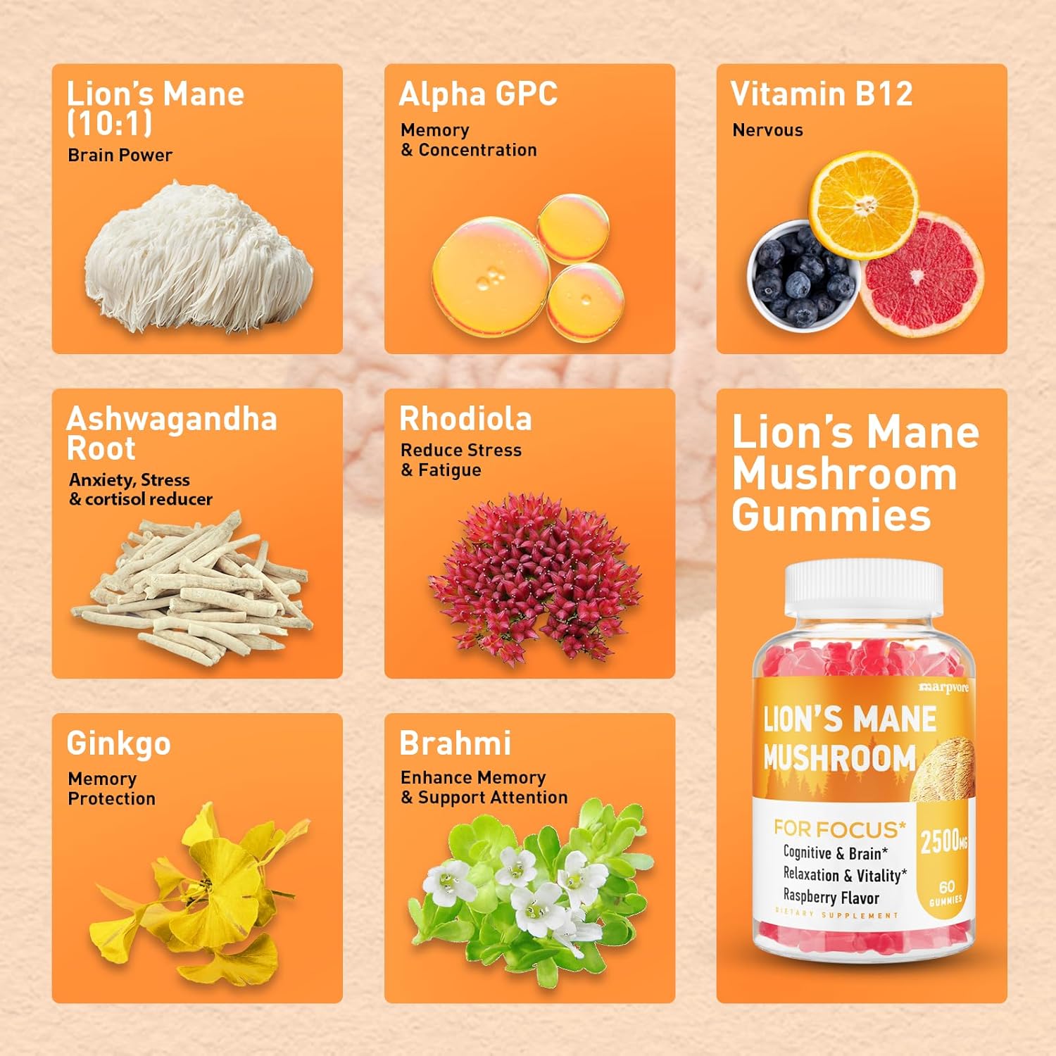Organic Lions Mane & Ashwagandha Gummies for Memory, Focus & Immune Support - 60 Mushroom Gummies