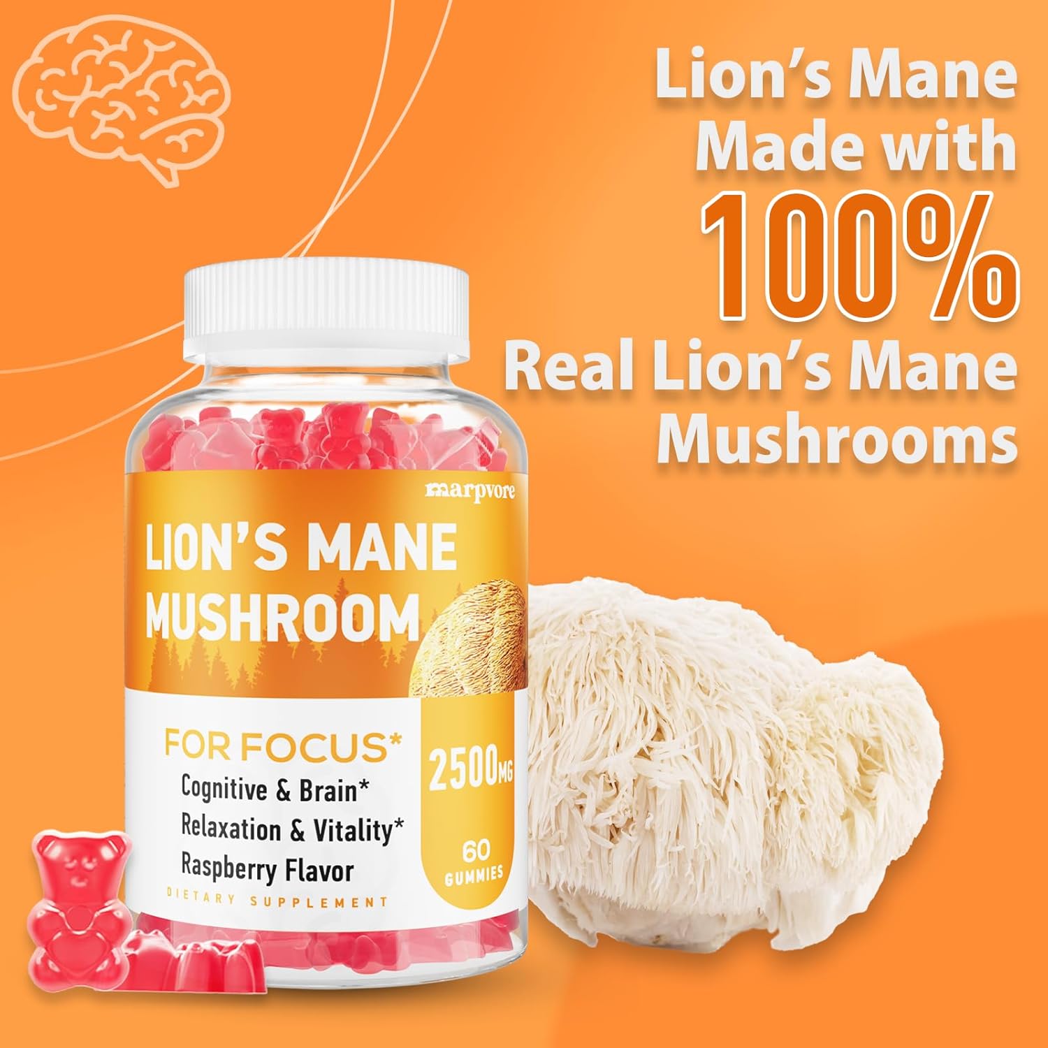 Organic Lions Mane & Ashwagandha Gummies for Memory, Focus & Immune Support - 60 Mushroom Gummies