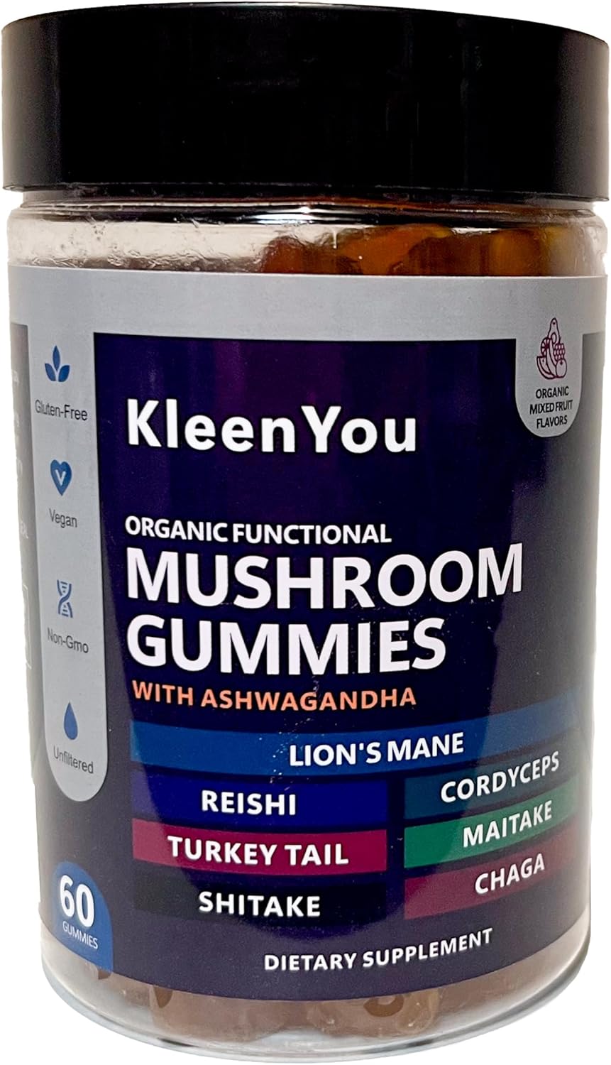 Organic Lion's Mane & Ashwagandha Gummies with Reishi & Cordyceps - Vegan Mushroom Supplement for Cognitive & Immune Support - 60 Low Carb Gummies
