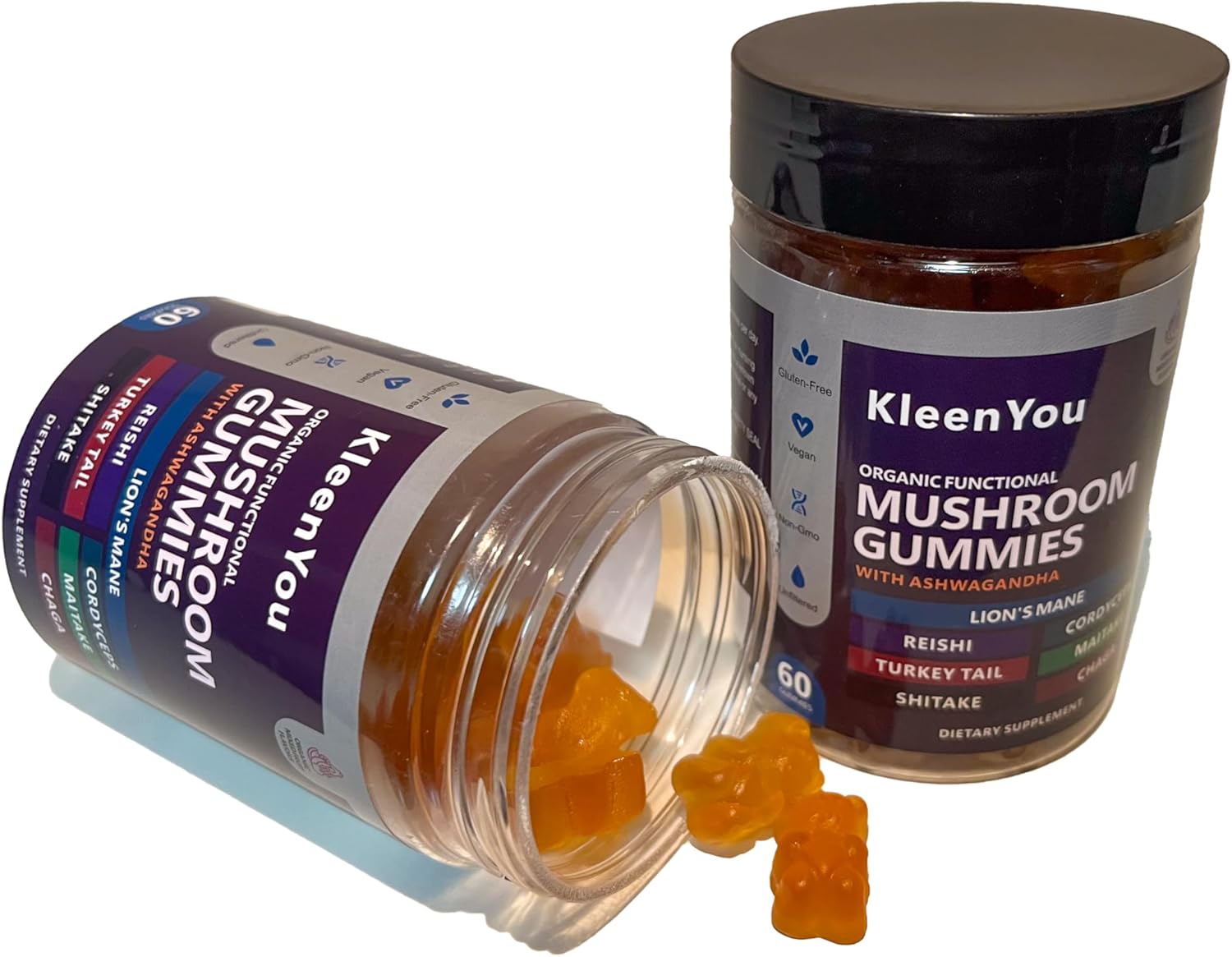 Organic Lion's Mane & Ashwagandha Gummies with Reishi & Cordyceps - Vegan Mushroom Supplement for Cognitive & Immune Support - 60 Low Carb Gummies