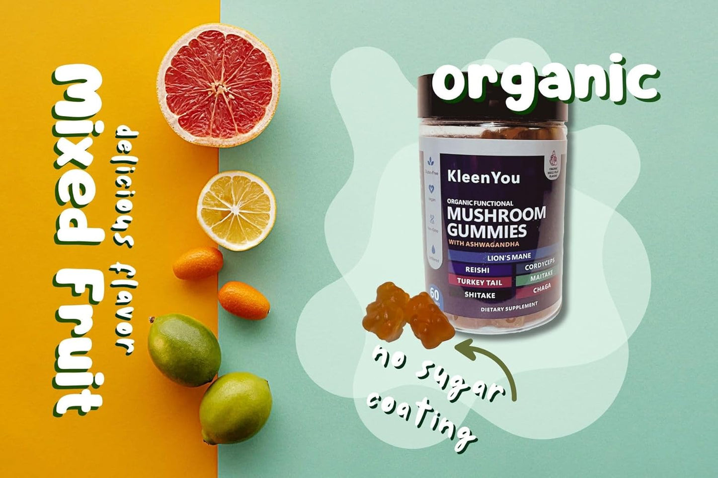 Organic Lion's Mane & Ashwagandha Gummies with Reishi & Cordyceps - Vegan Mushroom Supplement for Cognitive & Immune Support - 60 Low Carb Gummies
