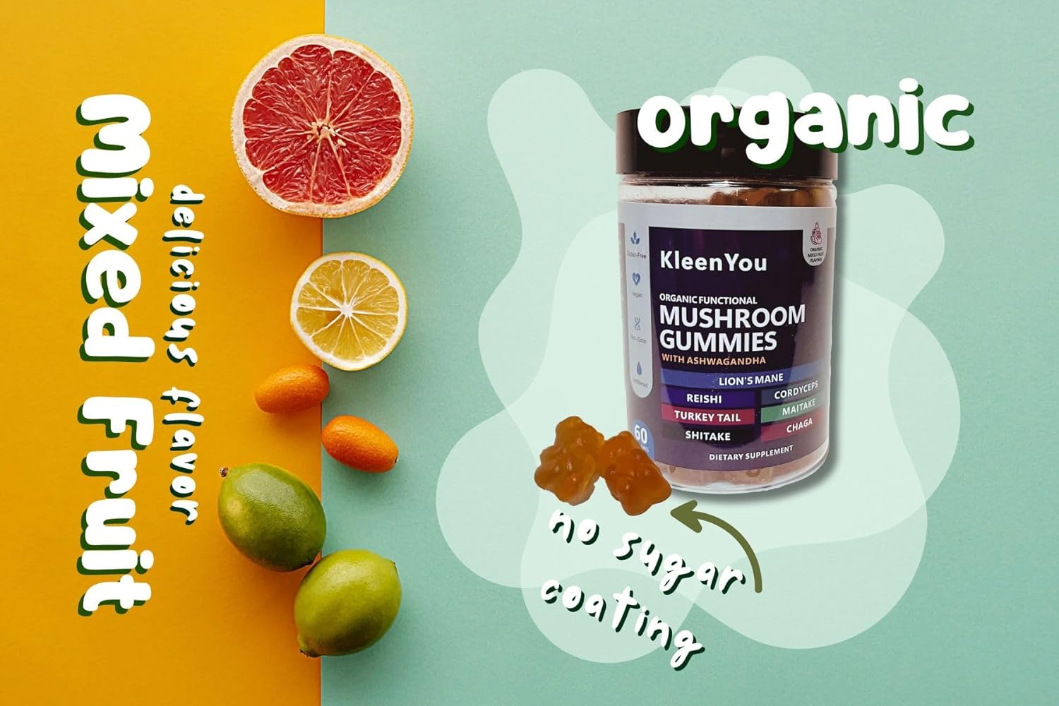 Organic Lion's Mane & Ashwagandha Gummies with Reishi & Cordyceps - Vegan Mushroom Supplement for Cognitive & Immune Support - 60 Low Carb Gummies