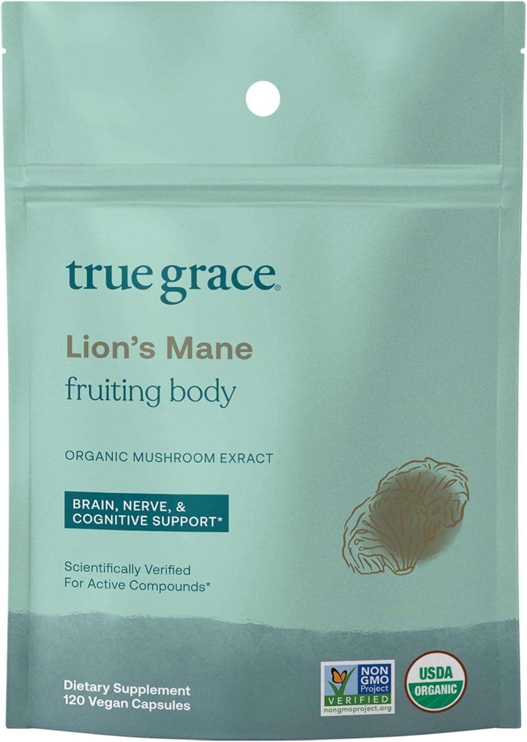 Organic Lion's Mane Brain, Nerve, and Cognitive Support Capsules - 120 Count by True Grace Mushroom