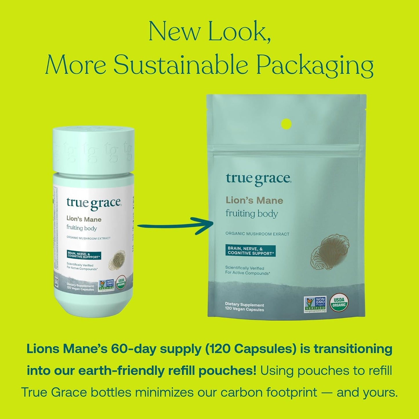 Organic Lion's Mane Brain, Nerve, and Cognitive Support Capsules - 120 Count by True Grace Mushroom