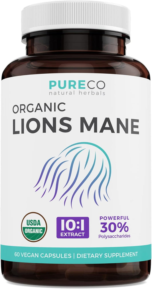 Organic Lions Mane Capsules - 10,000mg Extract, 30% Polysaccharides - Energy, Memory, Focus - 60 Vegan Capsules