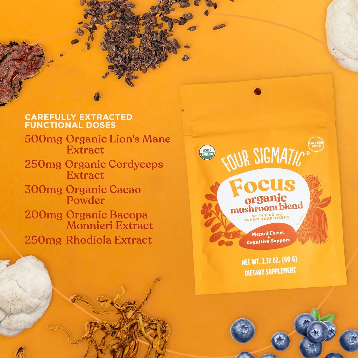 Organic Lion's Mane Focus Blend with Adaptogens & Mushroom Blend | Cordyceps, Rhodiola, Bacopa, Mucuna | 30 Servings