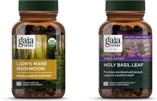 Organic Lion's Mane & Holy Basil Capsules - Supports Neurological Health and Stress Balance - 240 Vegan Liquid Phyto-Caps