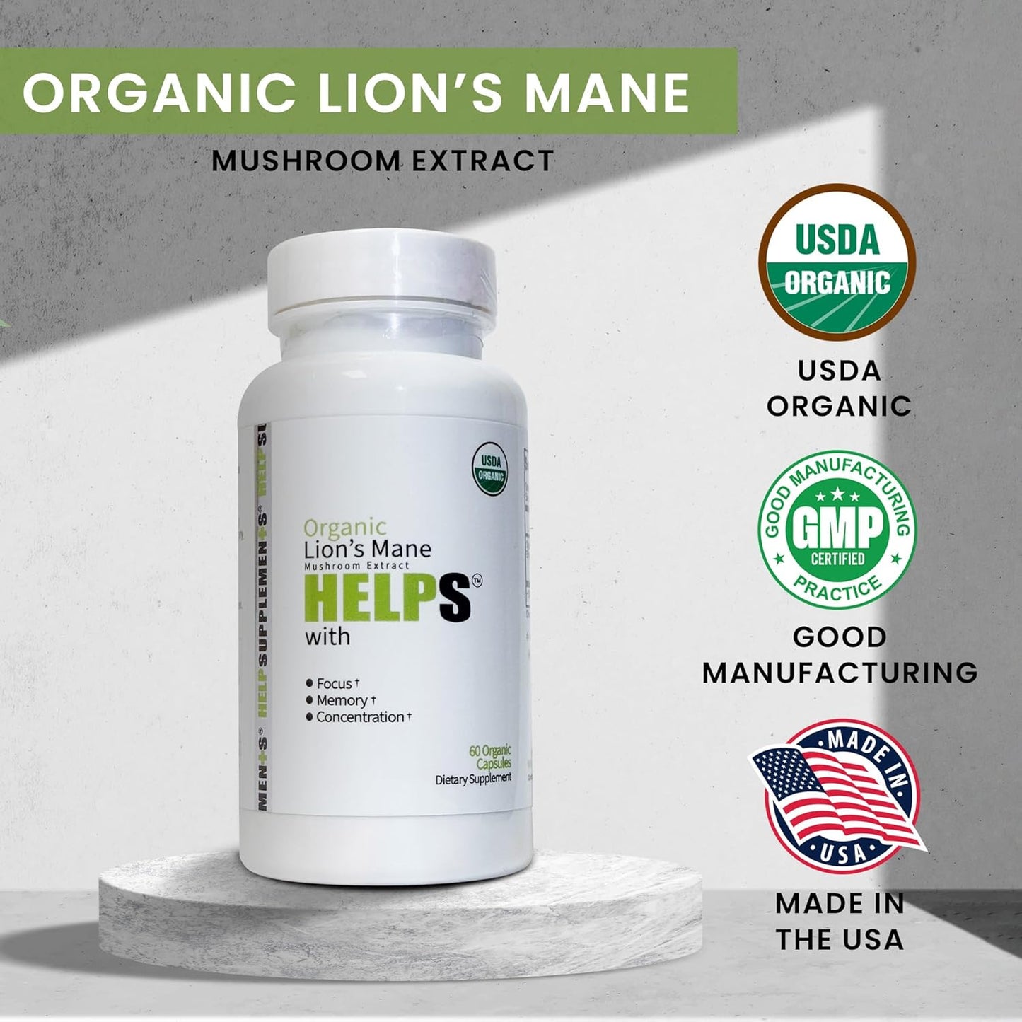 Organic Lion's Mane Mushroom Capsules - 1000mg Extract Supplement for Focus, Memory, Digestion & Immune Health - Gluten, Soy, Milk-Free - 60 Caps
