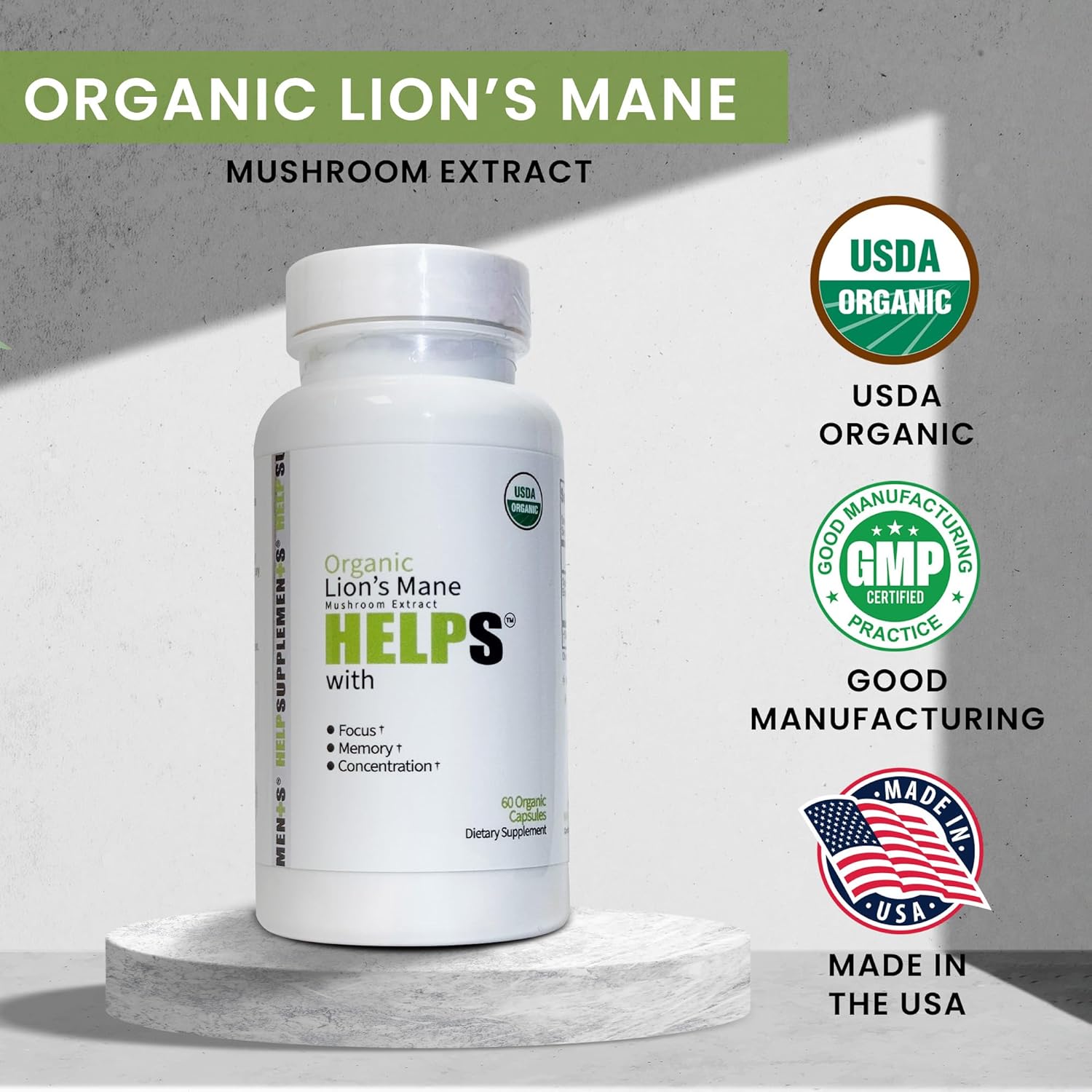 Organic Lion's Mane Mushroom Capsules - 1000mg Extract Supplement for Focus, Memory, Digestion & Immune Health - Gluten, Soy, Milk-Free - 60 Caps