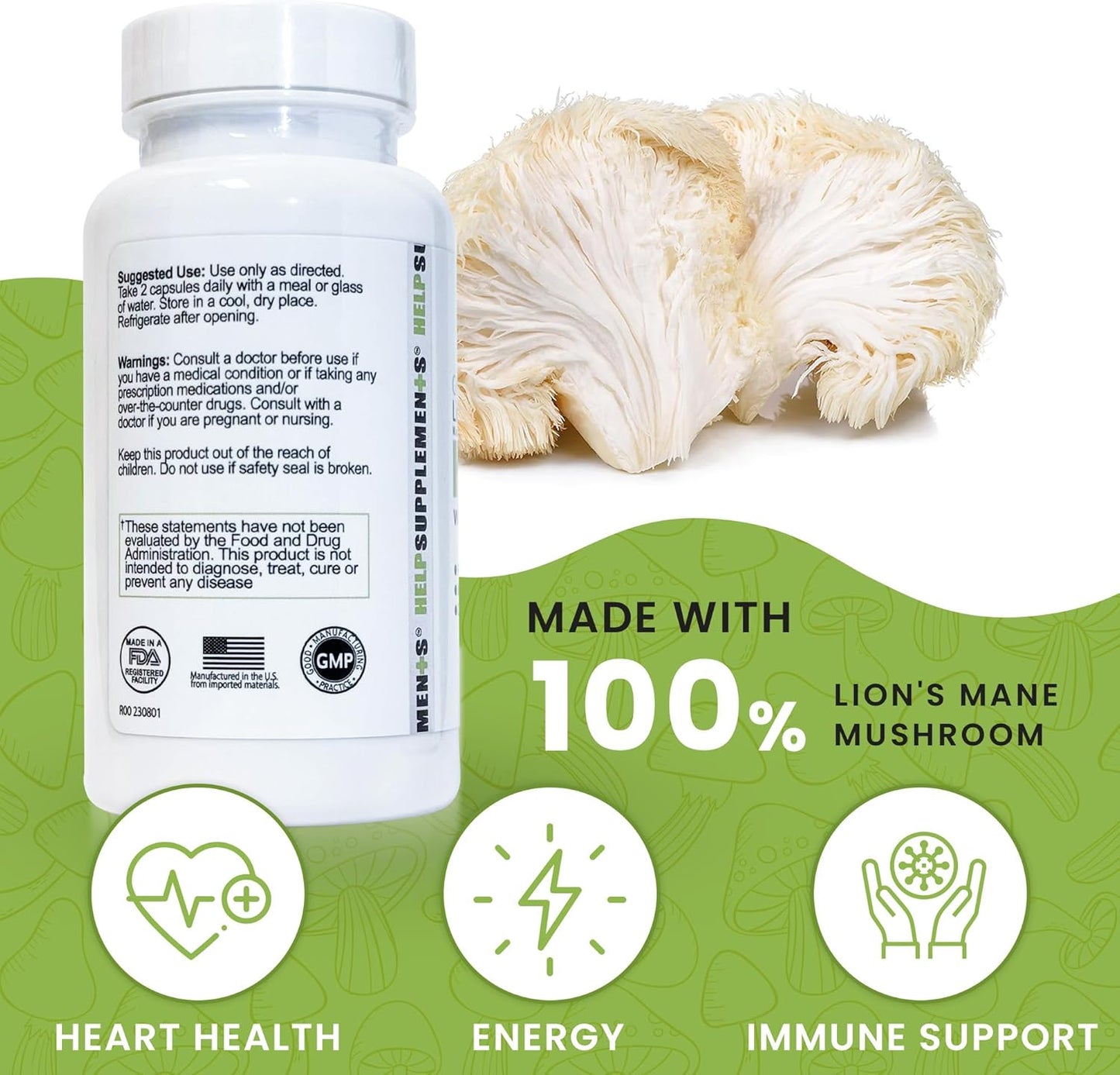 Organic Lion's Mane Mushroom Capsules - 1000mg Extract Supplement for Focus, Memory, Digestion & Immune Health - Gluten, Soy, Milk-Free - 60 Caps