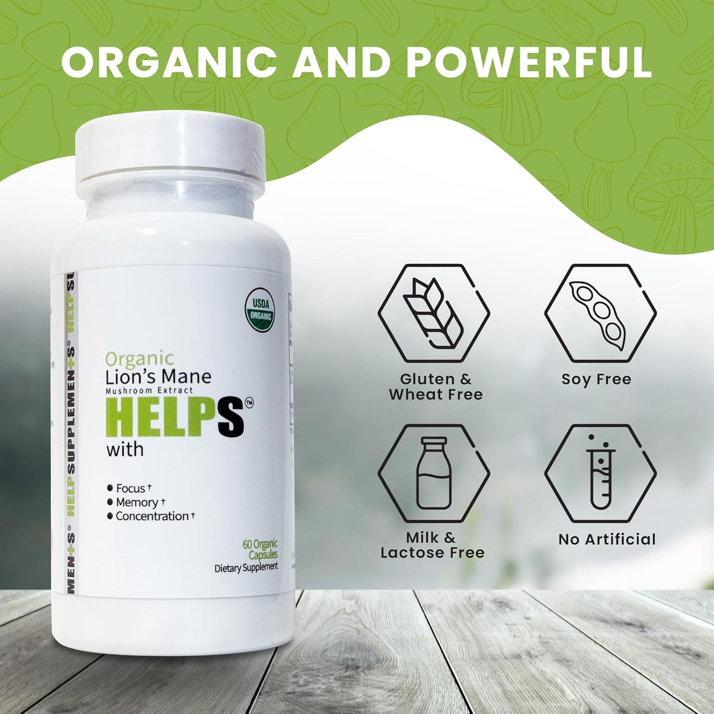 Organic Lion's Mane Mushroom Capsules - 1000mg Extract Supplement for Focus, Memory, Digestion & Immune Health - Gluten, Soy, Milk-Free - 60 Caps