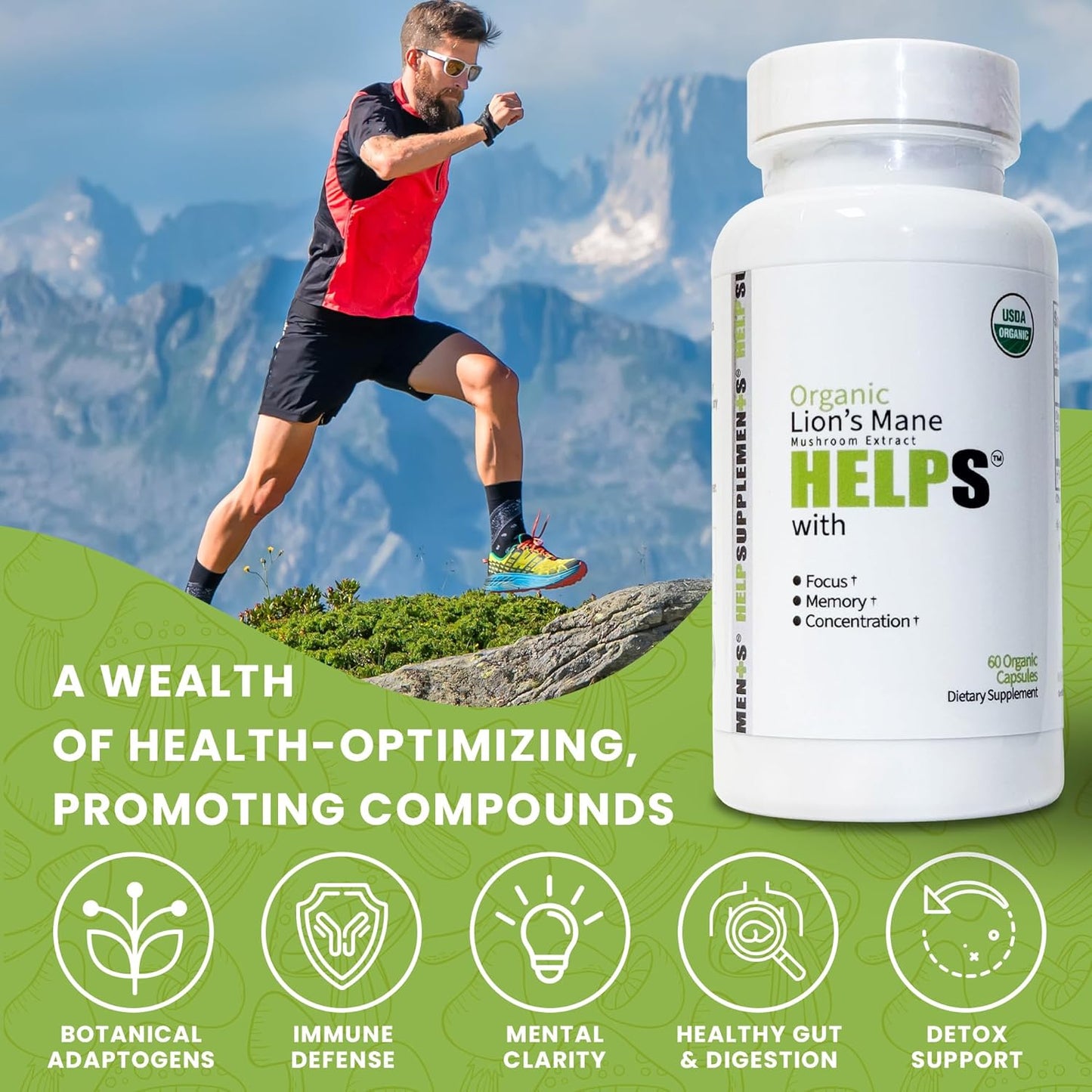 Organic Lion's Mane Mushroom Capsules - 1000mg Extract Supplement for Focus, Memory, Digestion & Immune Health - Gluten, Soy, Milk-Free - 60 Caps