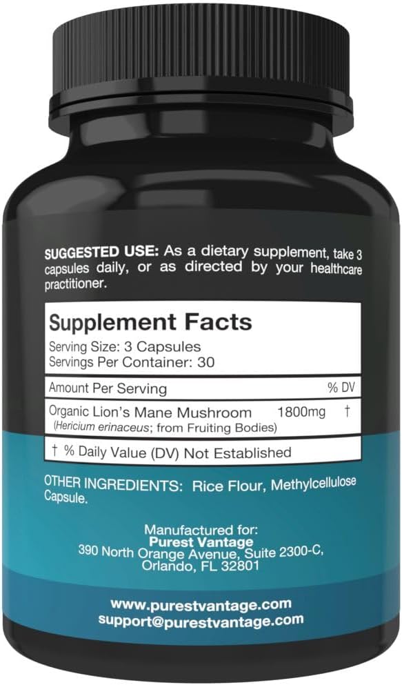 Organic Lions Mane Mushroom Capsules - 1800mg Lion's Mane Supplement - USA Grown Nootropic and Immune Support - 90 Veggie Capsules