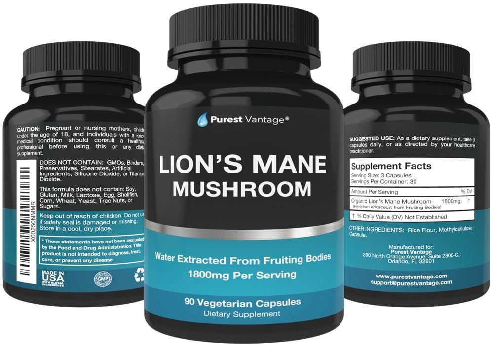 Organic Lions Mane Mushroom Capsules - 1800mg Lion's Mane Supplement - USA Grown Nootropic and Immune Support - 90 Veggie Capsules