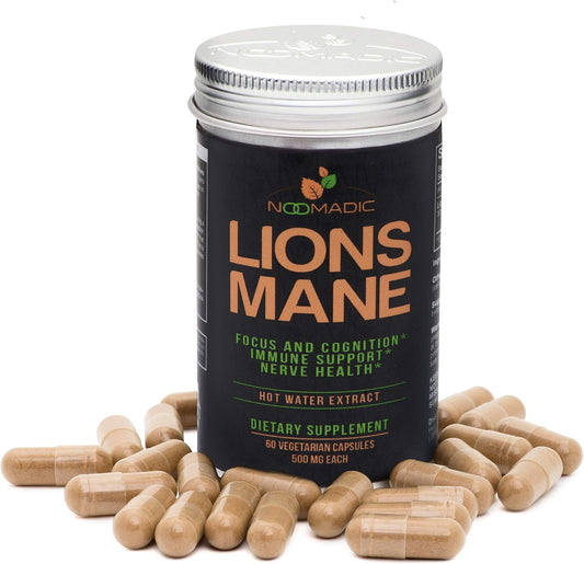 Organic Lion's Mane Mushroom Capsules - 60 Count, 500mg, NGF & Nootropic Support, Hot Water Extract, Wood Grown, 30% Beta-D-Glucans
