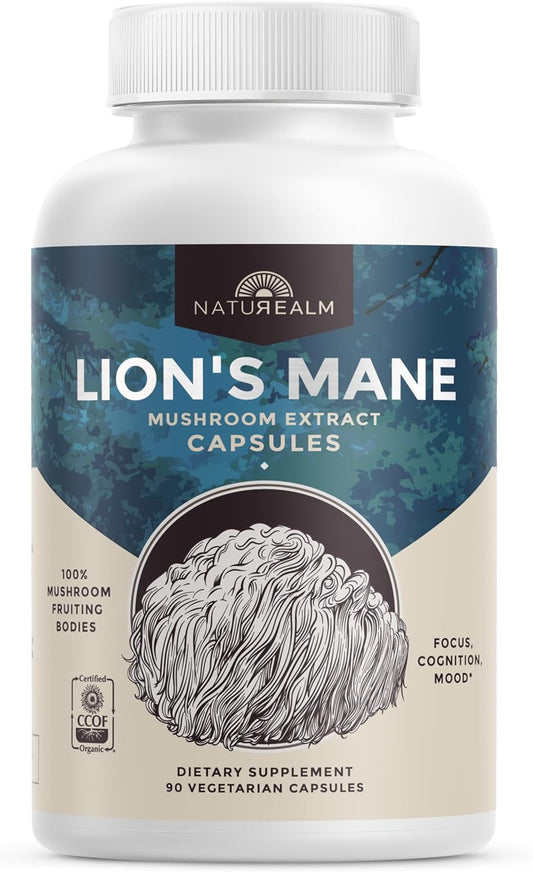 Organic Lion’s Mane Mushroom Capsules - Vegan Brain Health Supplement for Focus & Memory - Non-GMO Fruiting Bodies - 30-Day Supply