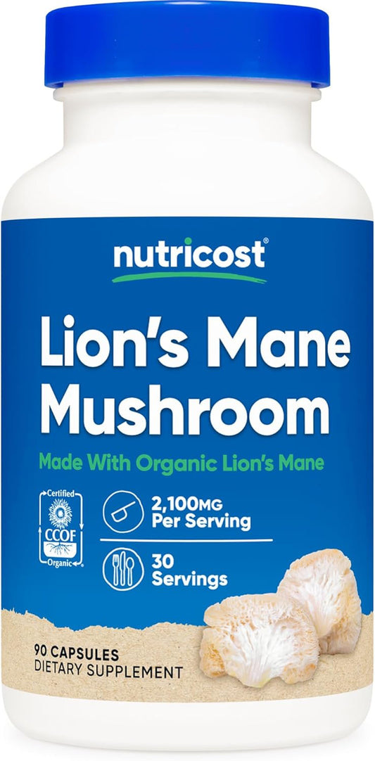 Organic Lion's Mane Mushroom Capsules 1650mg - Vegetarian, Gluten Free, 90 Capsules
