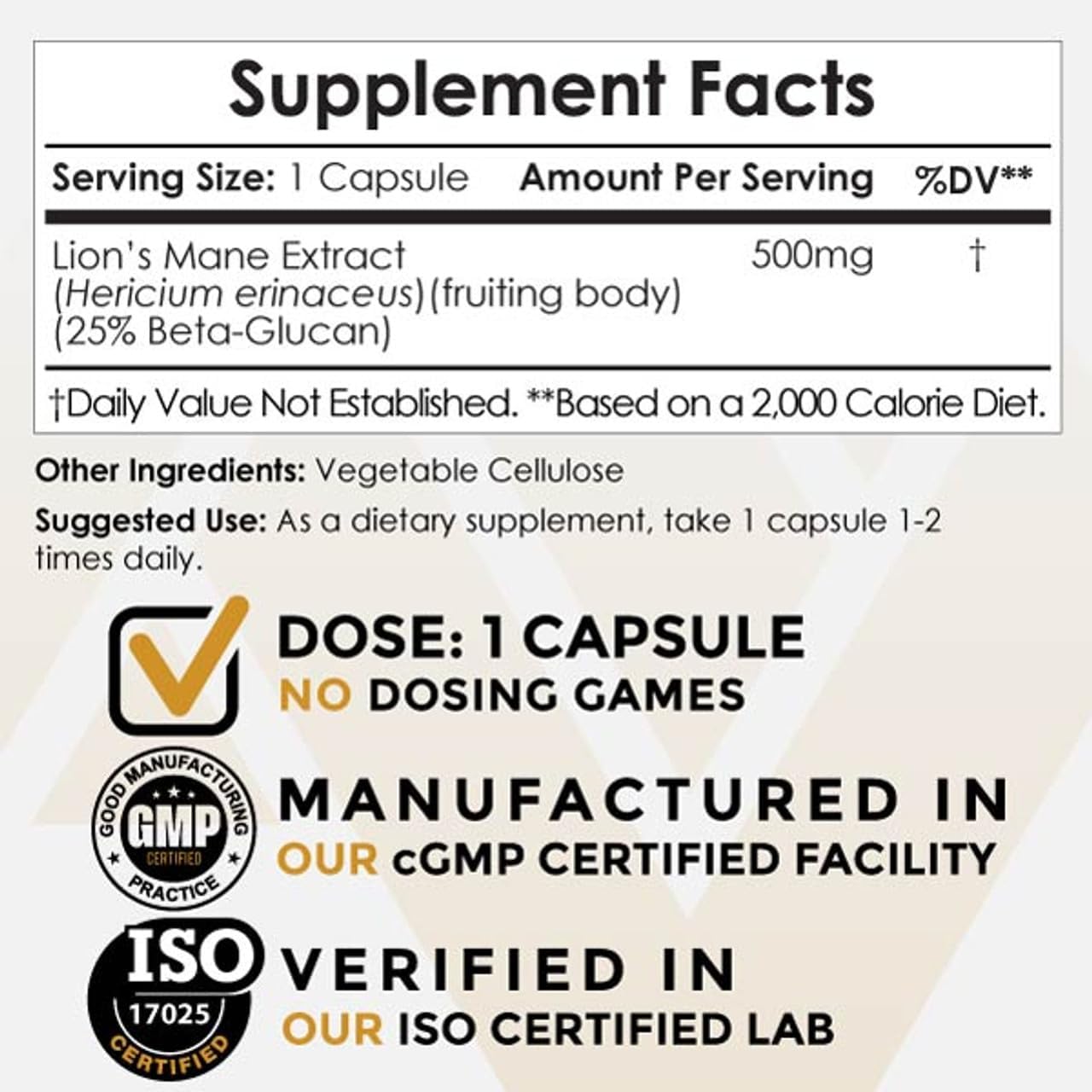 Organic Lions Mane Mushroom Capsules | 500mg | 60 Count | Hericium erinaceus Extract | Brain Health Supplement | Neuroprotective + Mood Booster