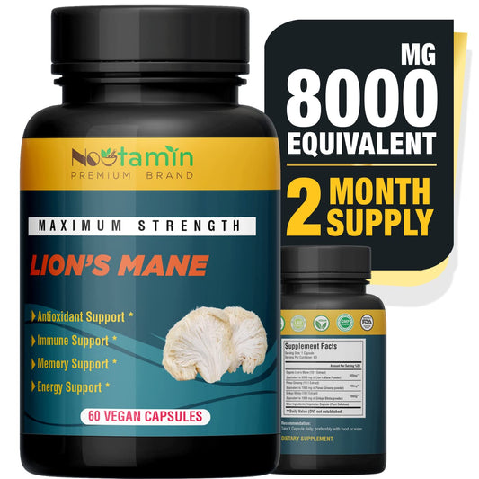 Organic Lions Mane Mushroom Capsules 8000mg - Nootropic Brain Support with Ginkgo Biloba and Panax Ginseng - Memory, Focus, Immune Boost